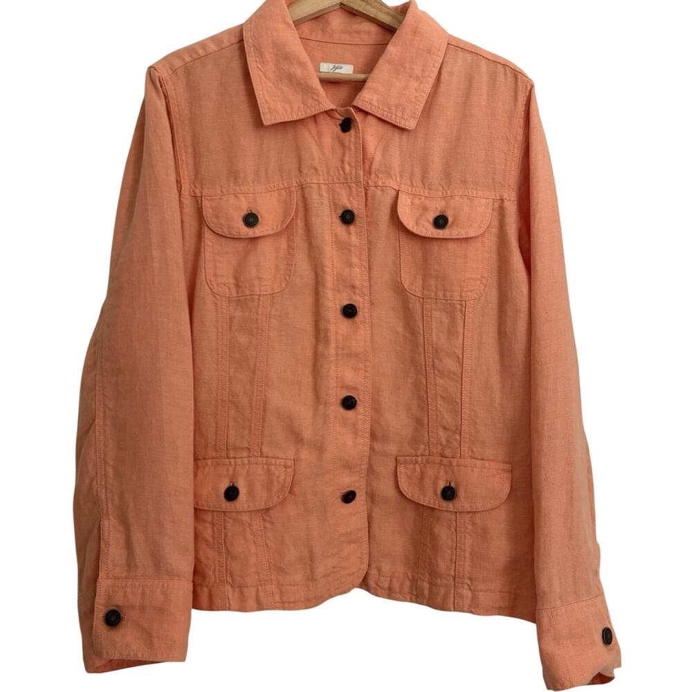 J Jill Linen Button Front Jacket Lightweight Casual Soft Orange Resort Boho L
